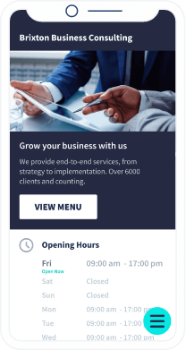 A QR Code landing page with detailed information about a business consulting firm that includes opening hours and a Book Appointment button.