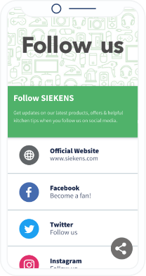 A QR Code landing page of a consumer electronics brand that displays multiple social media channels and a website URL.