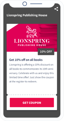 A QR Code landing page that displays a discount coupon to be redeemed at a book store.